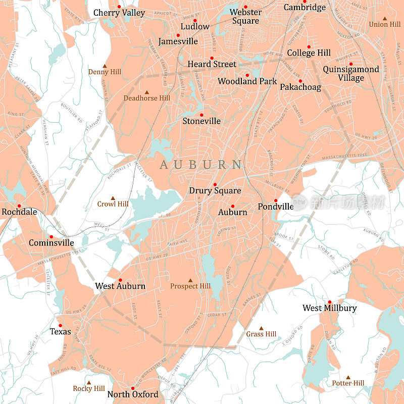 MA Worcester Auburn矢量路线图